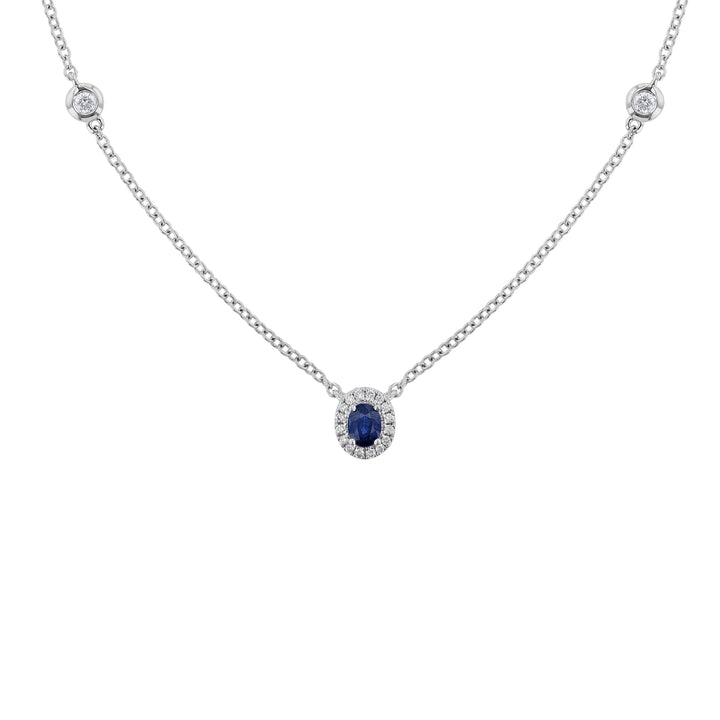 Oval Blue Sapphire with Diamond Halo Necklace