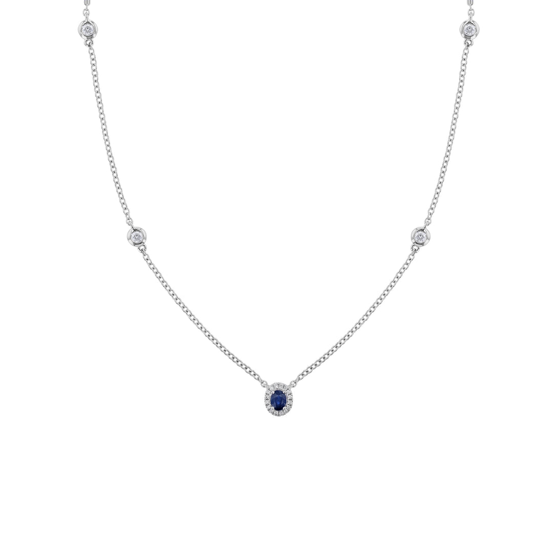 Oval Blue Sapphire with Diamond Halo Necklace
