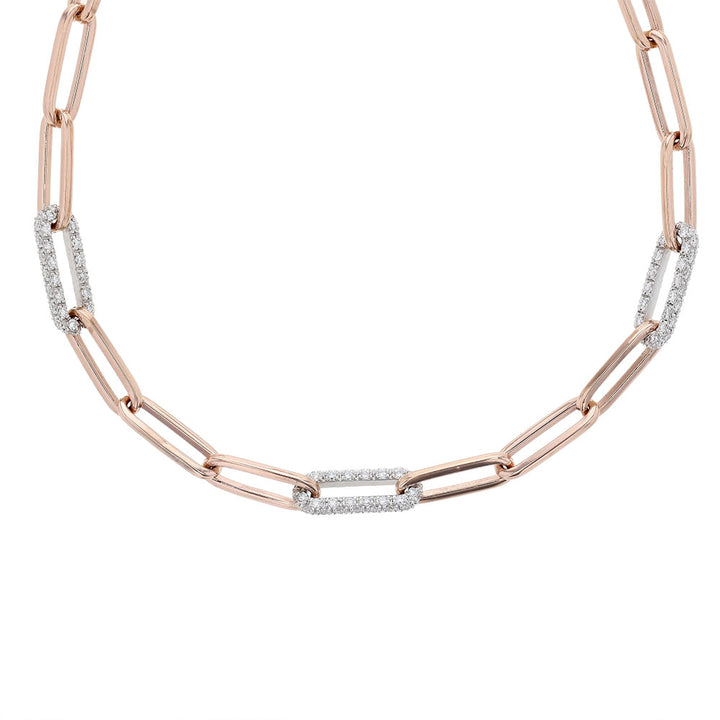 14K Rose Gold Paperclip Diamond Link Chain Necklace