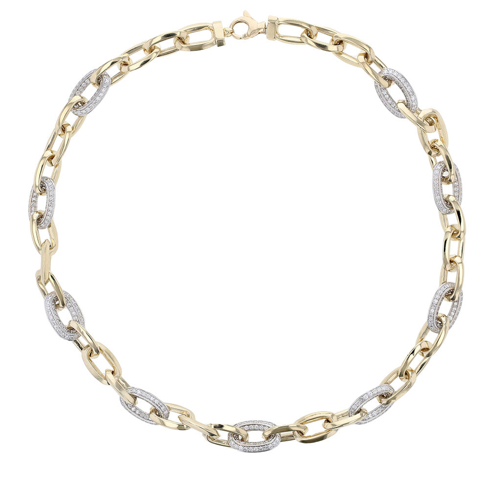 14k Two Tone Pave Diamond Oval Link Necklace