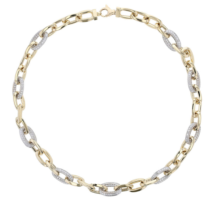 14k Two Tone Pave Diamond Oval Link Necklace