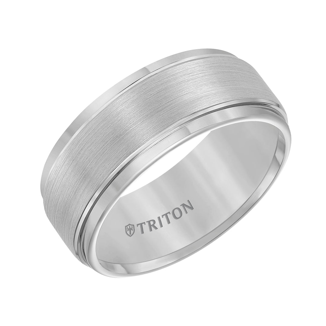 9mm Gray Tungsten Carbide Brush Finish Flat with Bright Step Edge Comfort Fit Band.