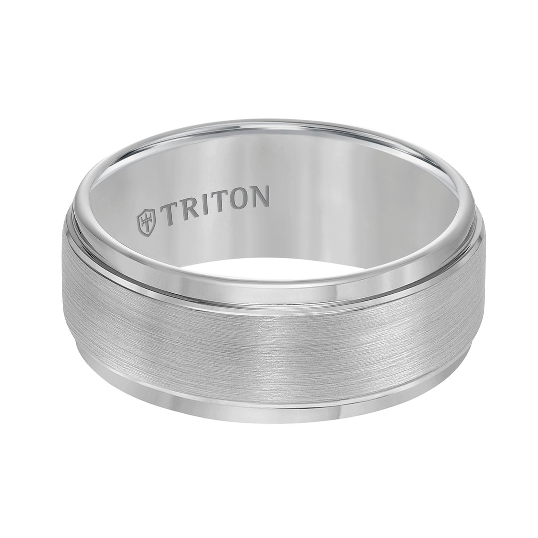 9mm Gray Tungsten Carbide Brush Finish Flat with Bright Step Edge Comfort Fit Band.
