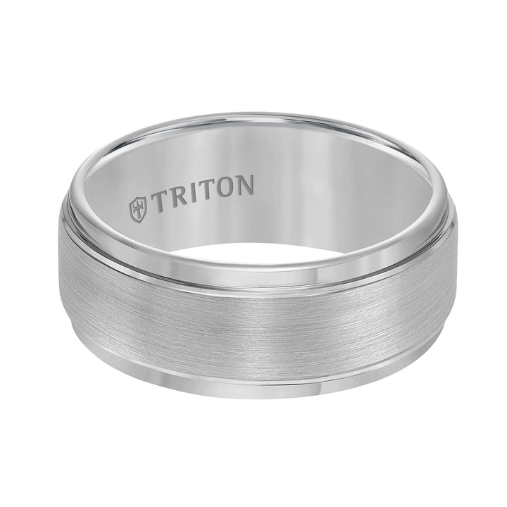 9mm Gray Tungsten Carbide Brush Finish Flat with Bright Step Edge Comfort Fit Band.