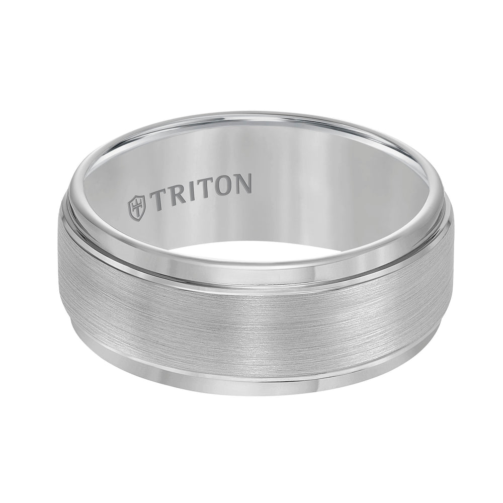 9mm Gray Tungsten Carbide Brush Finish Flat with Bright Step Edge Comfort Fit Band.