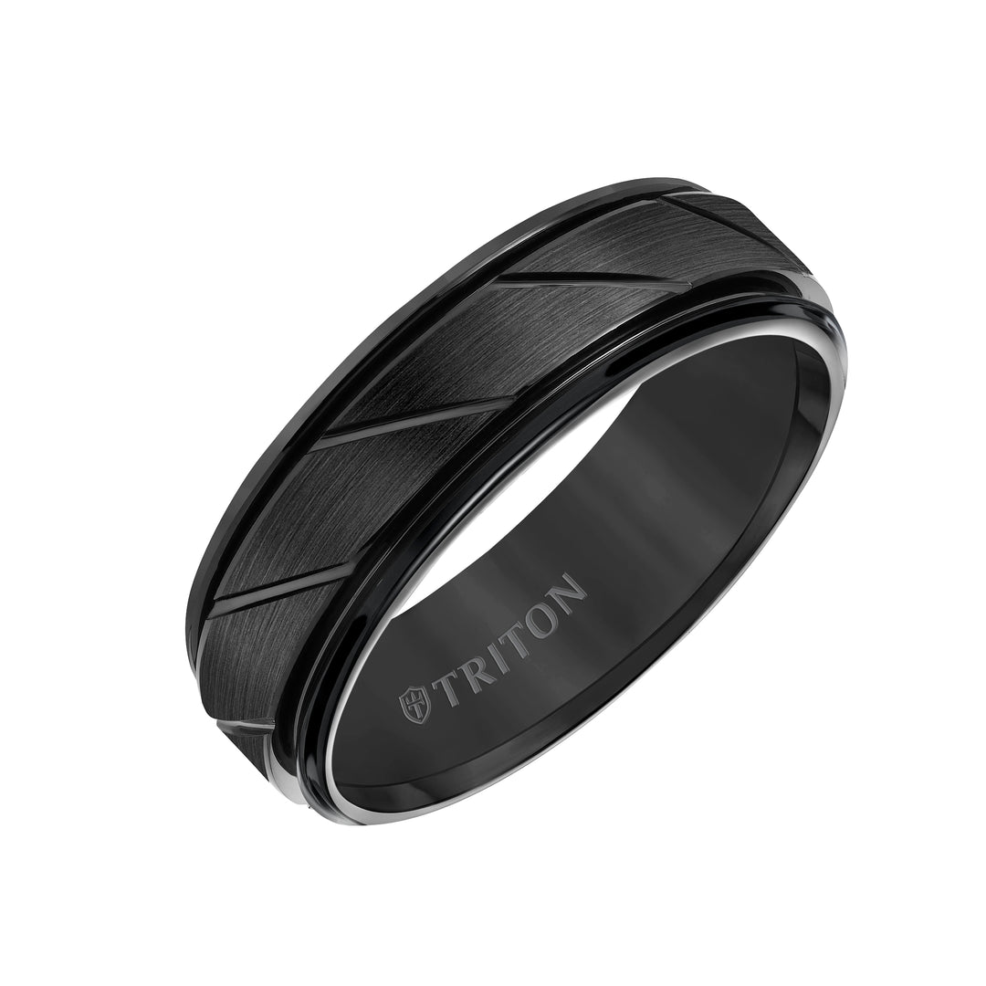 7mm White Tungsten Carbide Flat Satin Finish Center with Bright Diagonal Cuts and Rims Comfort Fit Band