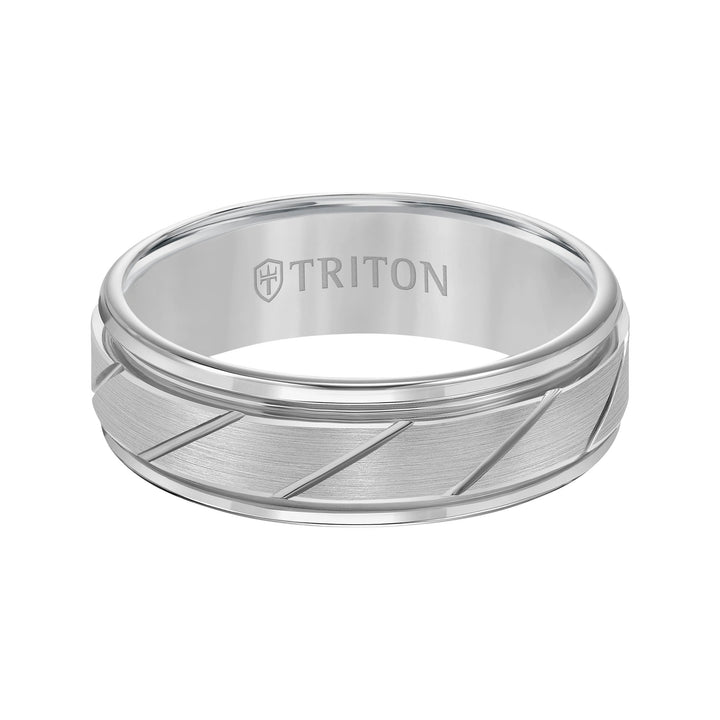 7mm White Tungsten Carbide Flat Satin Finish Center with Bright Diagonal Cuts and Rims Comfort Fit Band