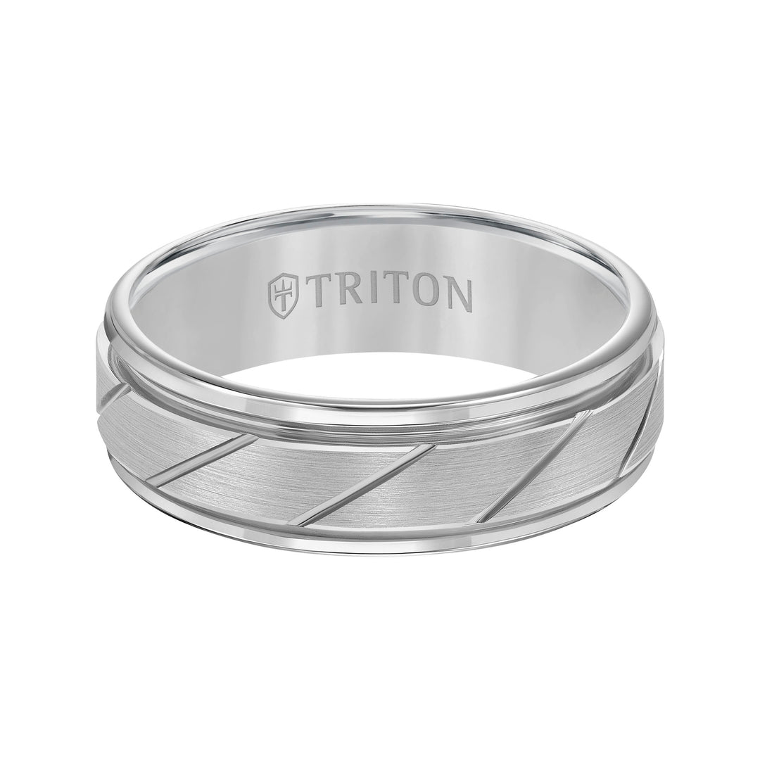 7mm White Tungsten Carbide Flat Satin Finish Center with Bright Diagonal Cuts and Rims Comfort Fit Band