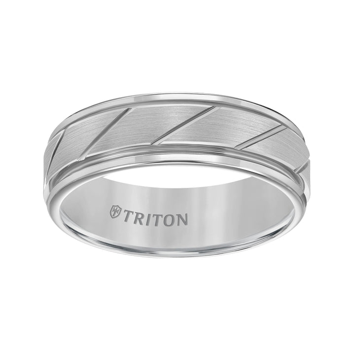 7mm White Tungsten Carbide Flat Satin Finish Center with Bright Diagonal Cuts and Rims Comfort Fit Band