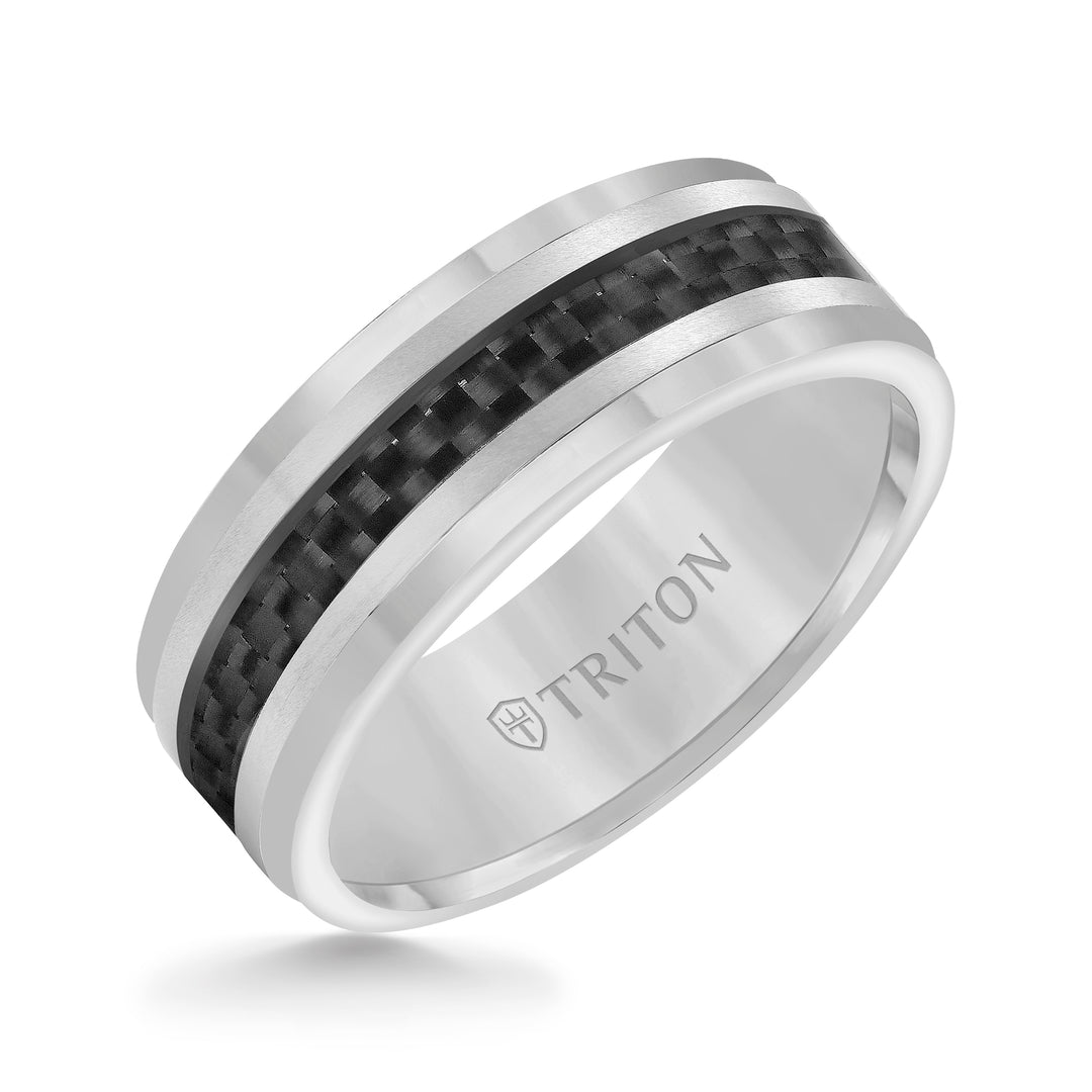 11-2316C-G.00 - Goldman - 8mm Tungsten Carbide Step Edge Comfort Fit Band with Black Carbon Fiber Inlay