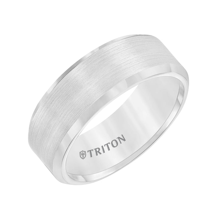 8mm Bevel Edge White Tungsten Carbide Comfort Fit Band with Satin Finish Center and Bright Polished Edge