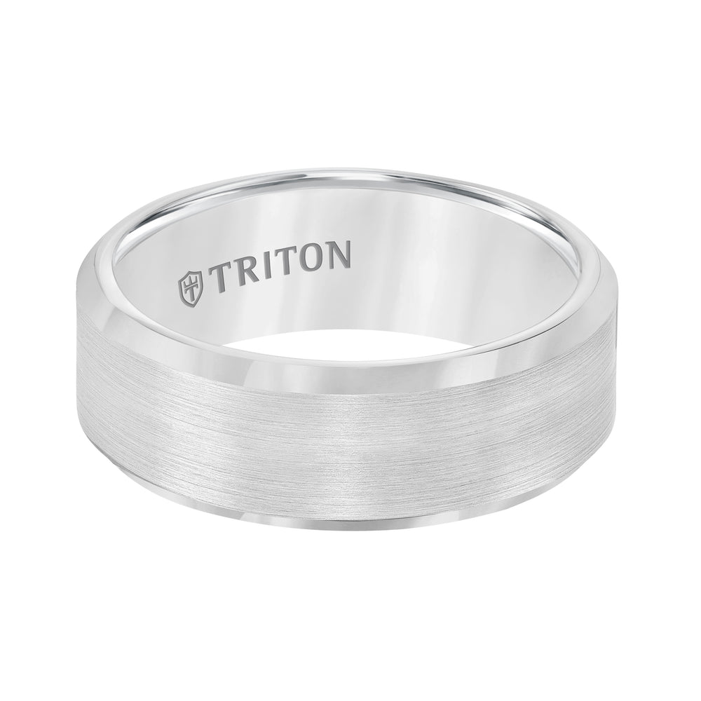 8mm Bevel Edge White Tungsten Carbide Comfort Fit Band with Satin Finish Center and Bright Polished Edge