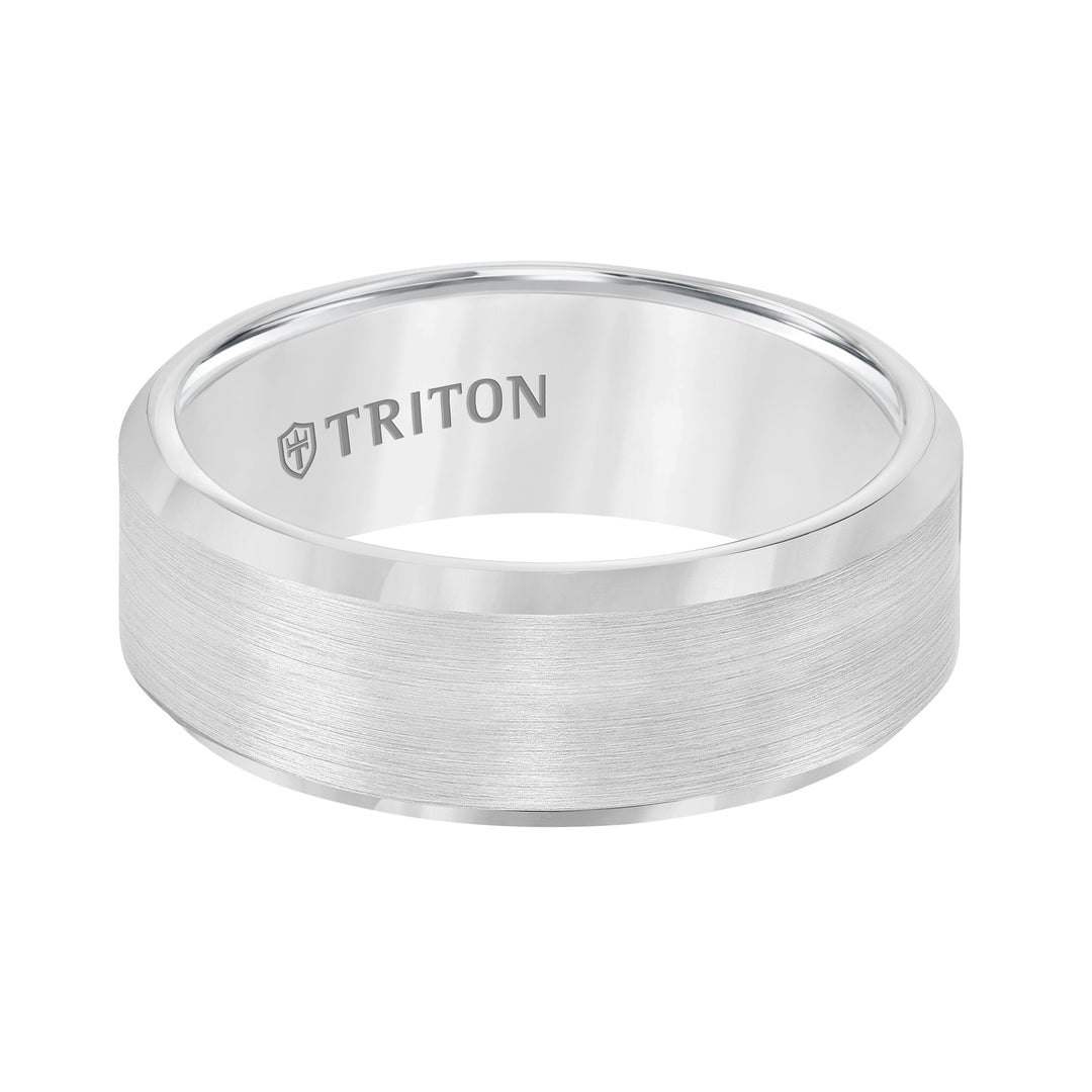 8mm Bevel Edge White Tungsten Carbide Comfort Fit Band with Satin Finish Center and Bright Polished Edge