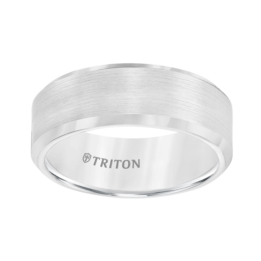 8mm Bevel Edge White Tungsten Carbide Comfort Fit Band with Satin Finish Center and Bright Polished Edge