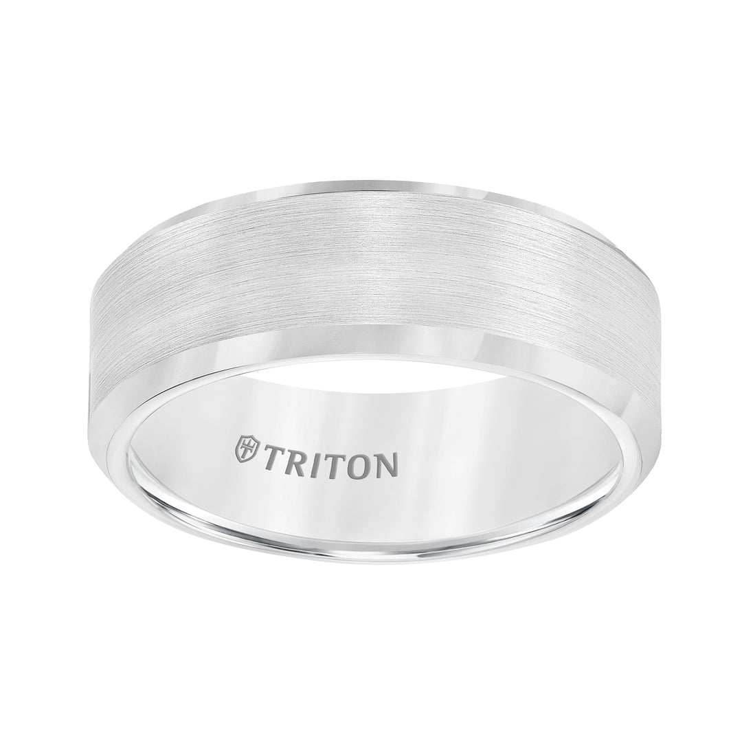 8mm Bevel Edge White Tungsten Carbide Comfort Fit Band with Satin Finish Center and Bright Polished Edge
