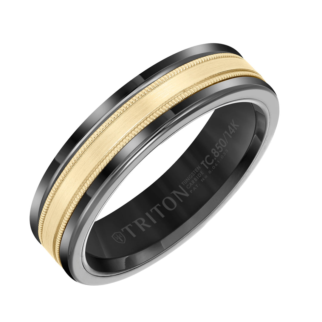 6mm Band with Black Tungsten Exterior and Flat Milgrain 14K Yellow Gold Core