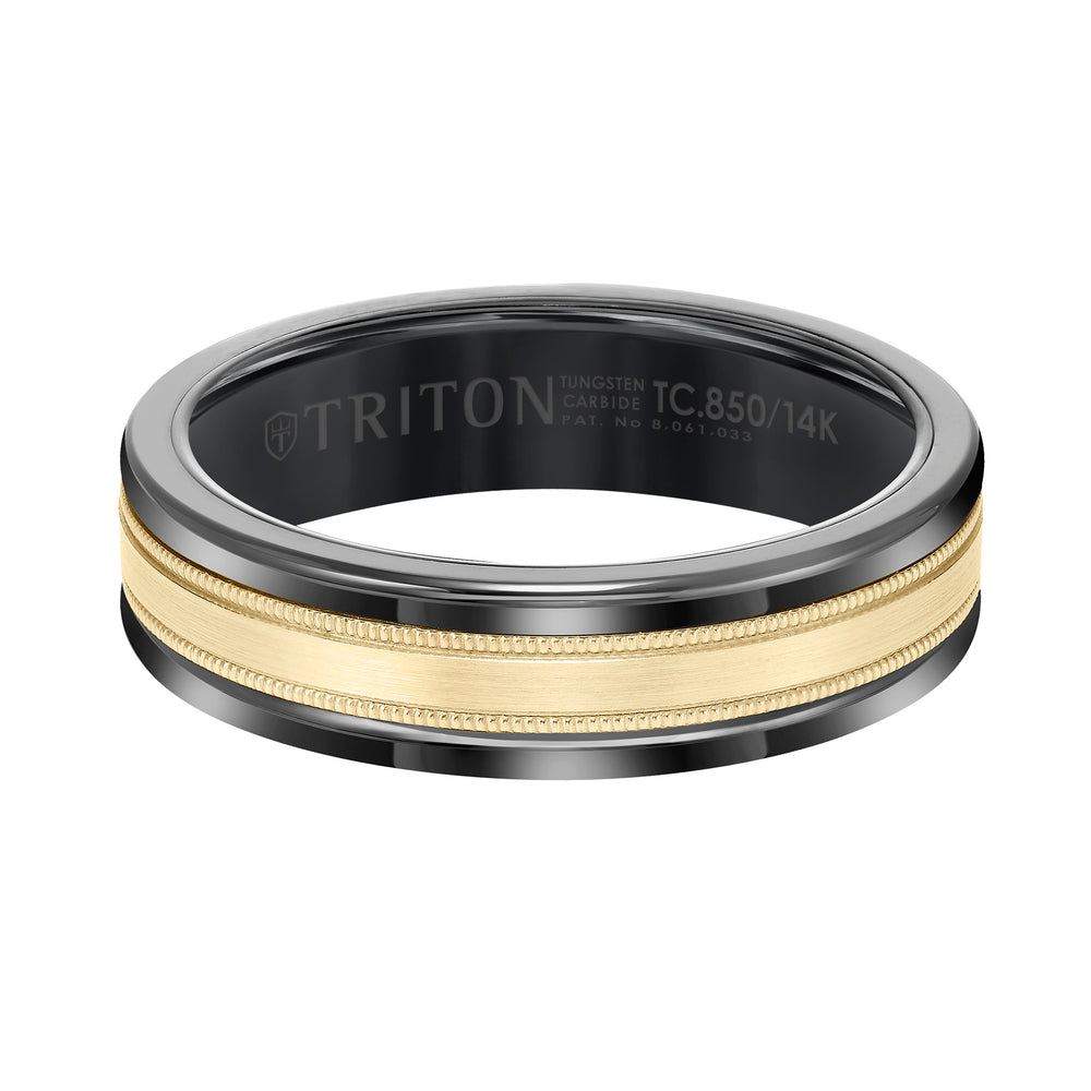 6mm Band with Black Tungsten Exterior and Flat Milgrain 14K Yellow Gold Core