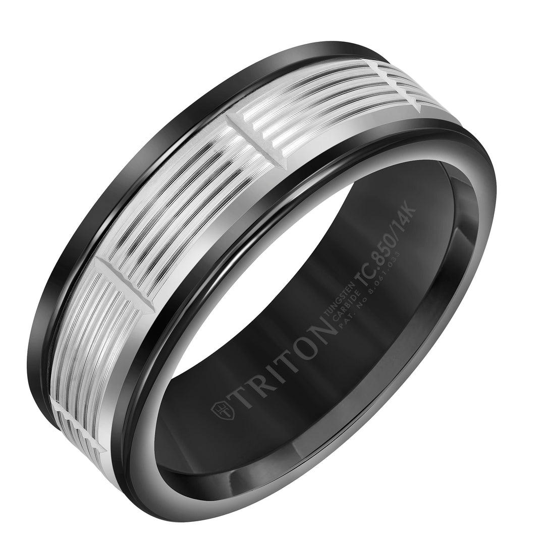 8mm Band with Black Tungsten Exterior and Serrated Vertical Cuts 14K White Gold Core