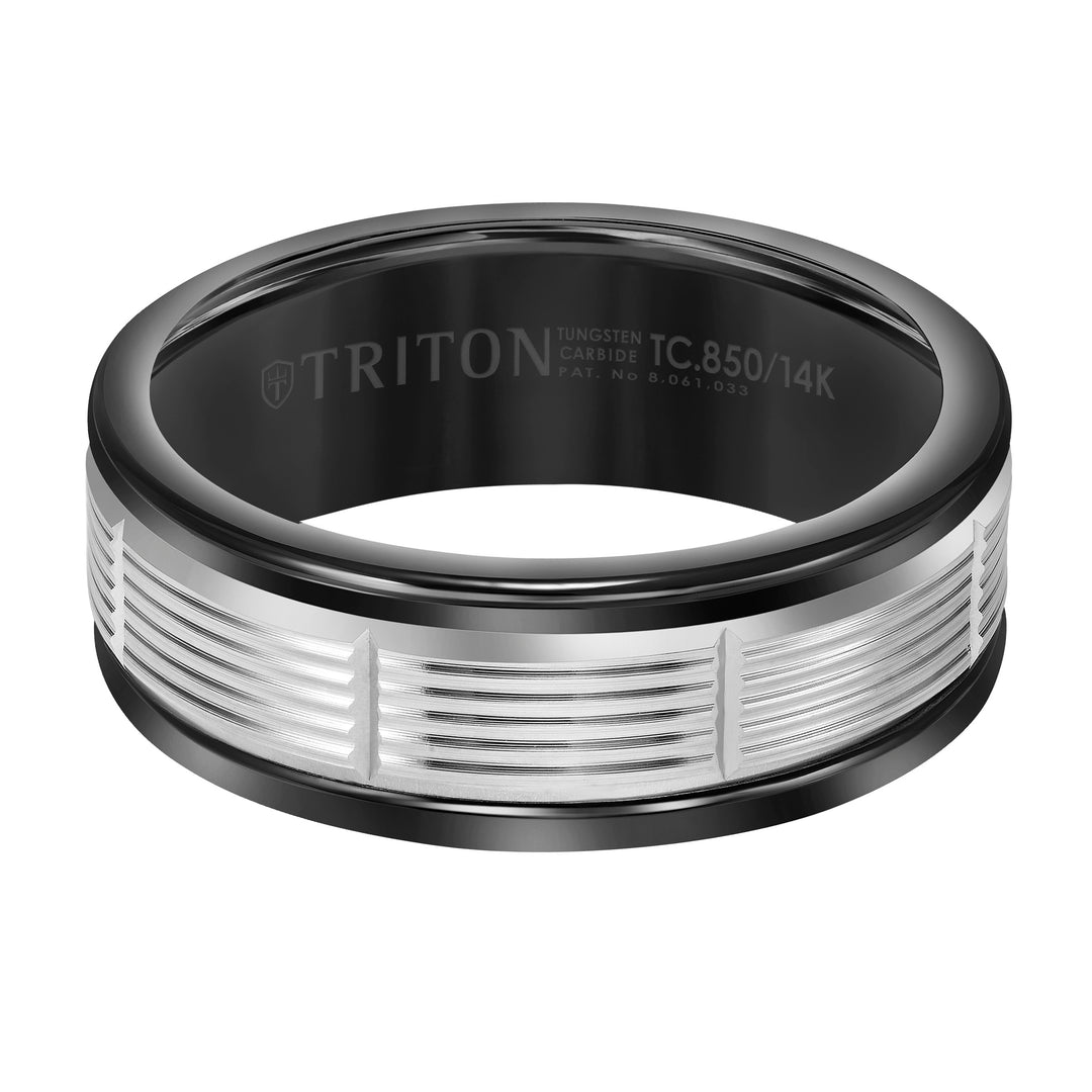 8mm Band with Black Tungsten Exterior and Serrated Vertical Cuts 14K White Gold Core