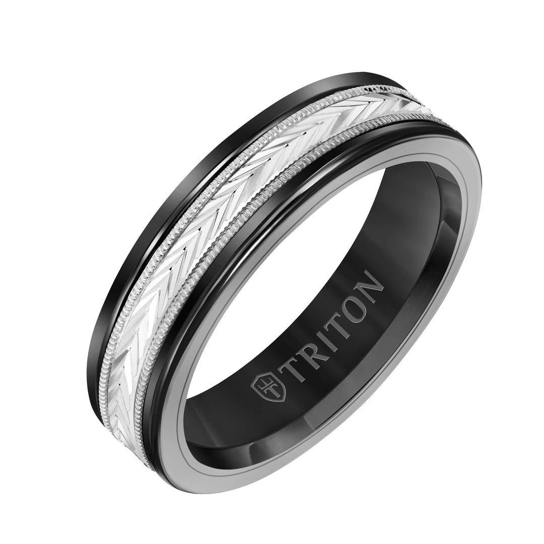 6mm Black Tungsten Carbide Ring with 14kt White Gold Chevron Pattern Center