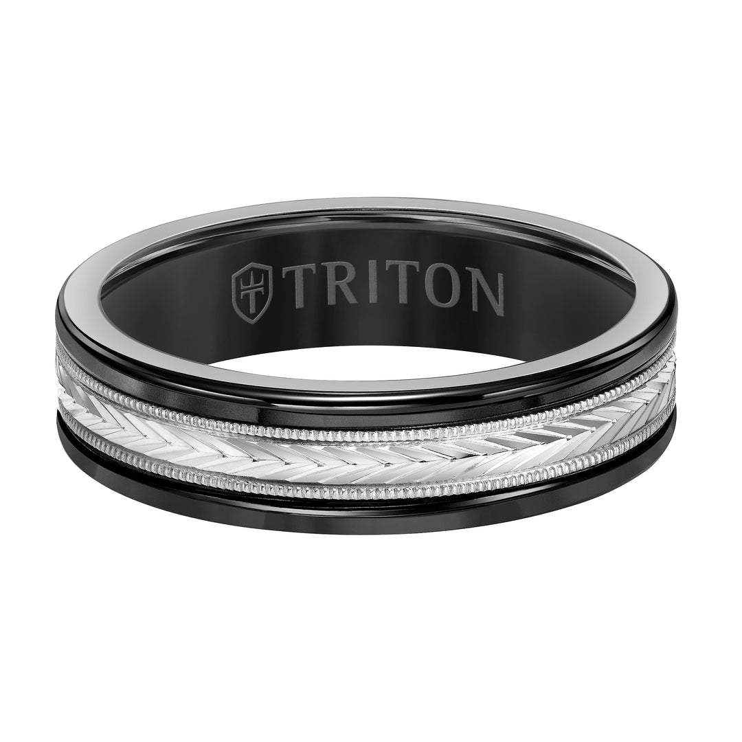 8mm White Tungsten Carbide Ring with 14kt Yellow Gold Chevron Pattern Center