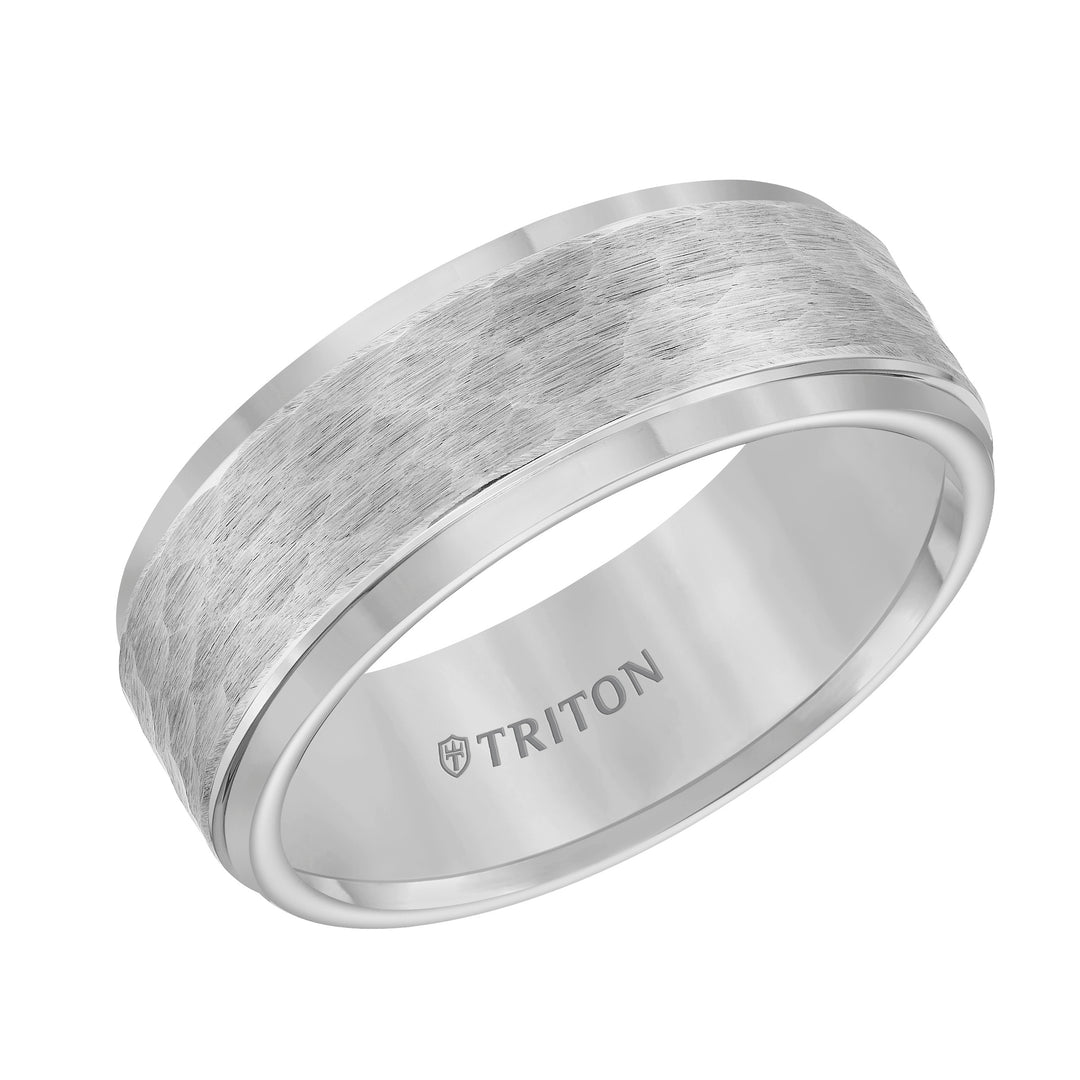 8mm Yellow Tungsten carbide Step Edge Comfort Fit band with center hammered texture