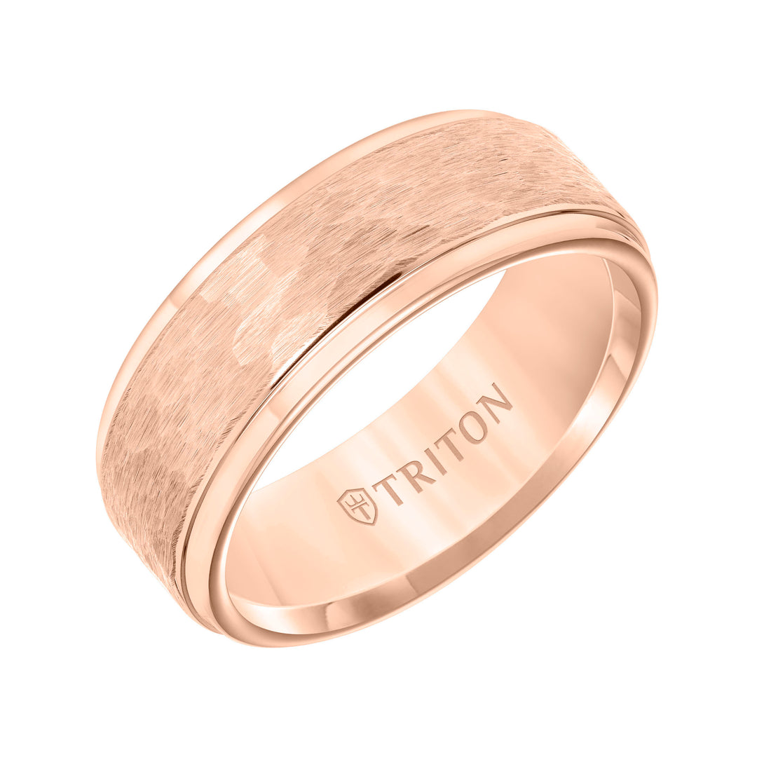 8mm Rose Tungsten carbide Step Edge Comfort Fit band with center hammered texture