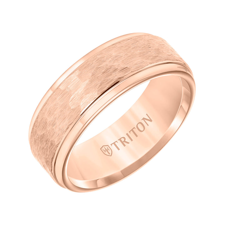 8mm Rose Tungsten carbide Step Edge Comfort Fit band with center hammered texture