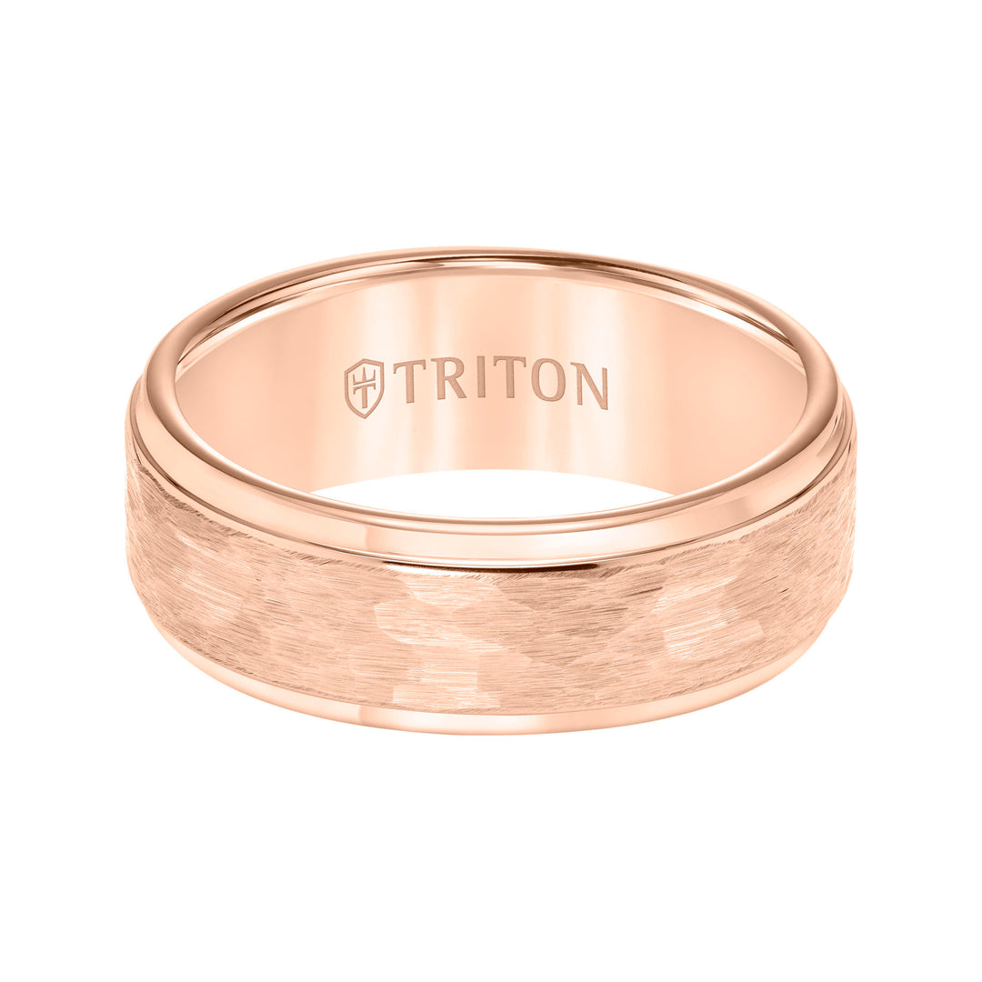 8mm Rose Tungsten carbide Step Edge Comfort Fit band with center hammered texture