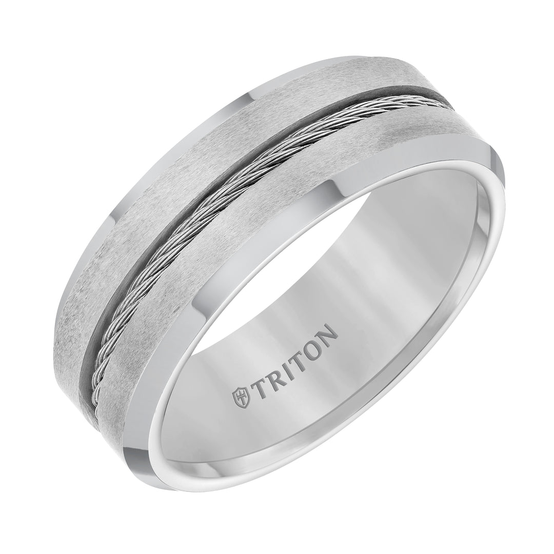 8mm Tungsten carbide Brush Finish With Bright Bevel Edge Comfort Fit Band with Center Steel Cable Inlay