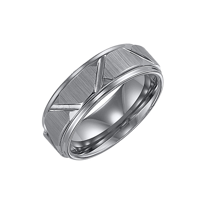 8mm Black Tungsten Carbide Step Edge Comfort Fit Band with Vertical Satin Finish and Bright Edges and Cuts