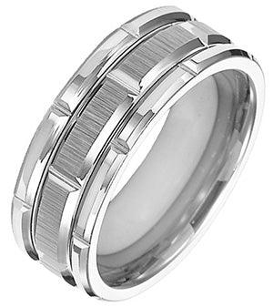8mm White Tungsten Carbide Bevel Edge Comfort Fit Band with Vertical Satin Finish Center and Bright Edges and Cuts