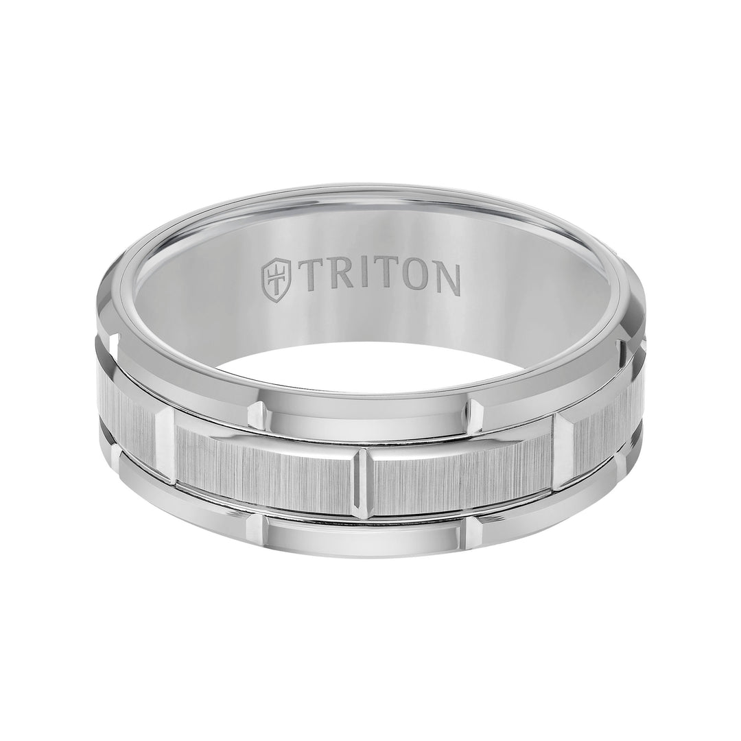 8mm Black Tungsten Carbide Bevel Edge Comfort Fit Band with Vertical Satin Finish Center and Bright Edges and Cuts