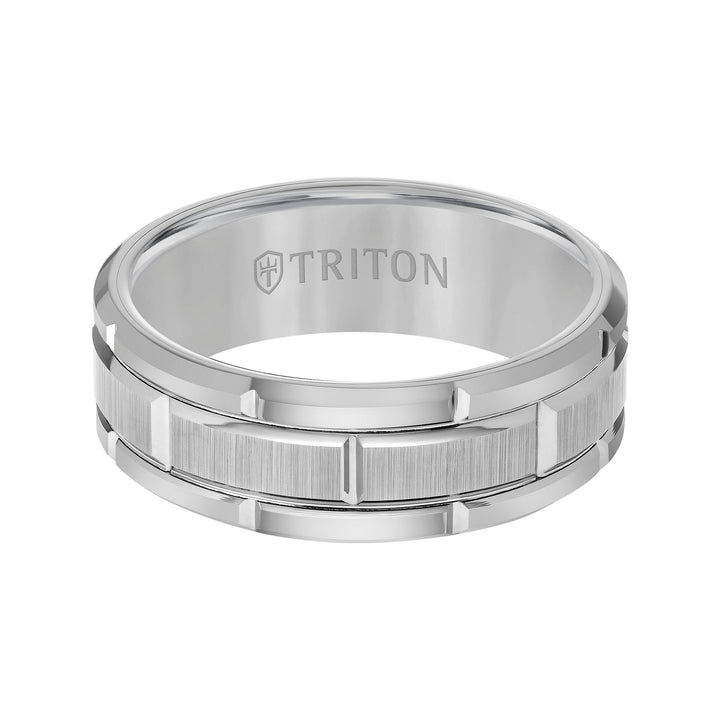 8mm Black Tungsten Carbide Bevel Edge Comfort Fit Band with Vertical Satin Finish Center and Bright Edges and Cuts