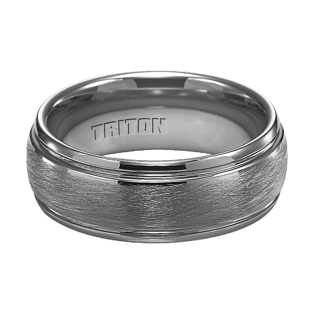 8mm Black Tungsten Carbide Wire Brush Finish Dome with Bright Polished Rims