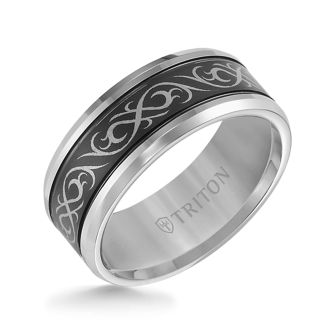Black and White Tungsten Carbide Comfort Fit Band with laser pattern detail