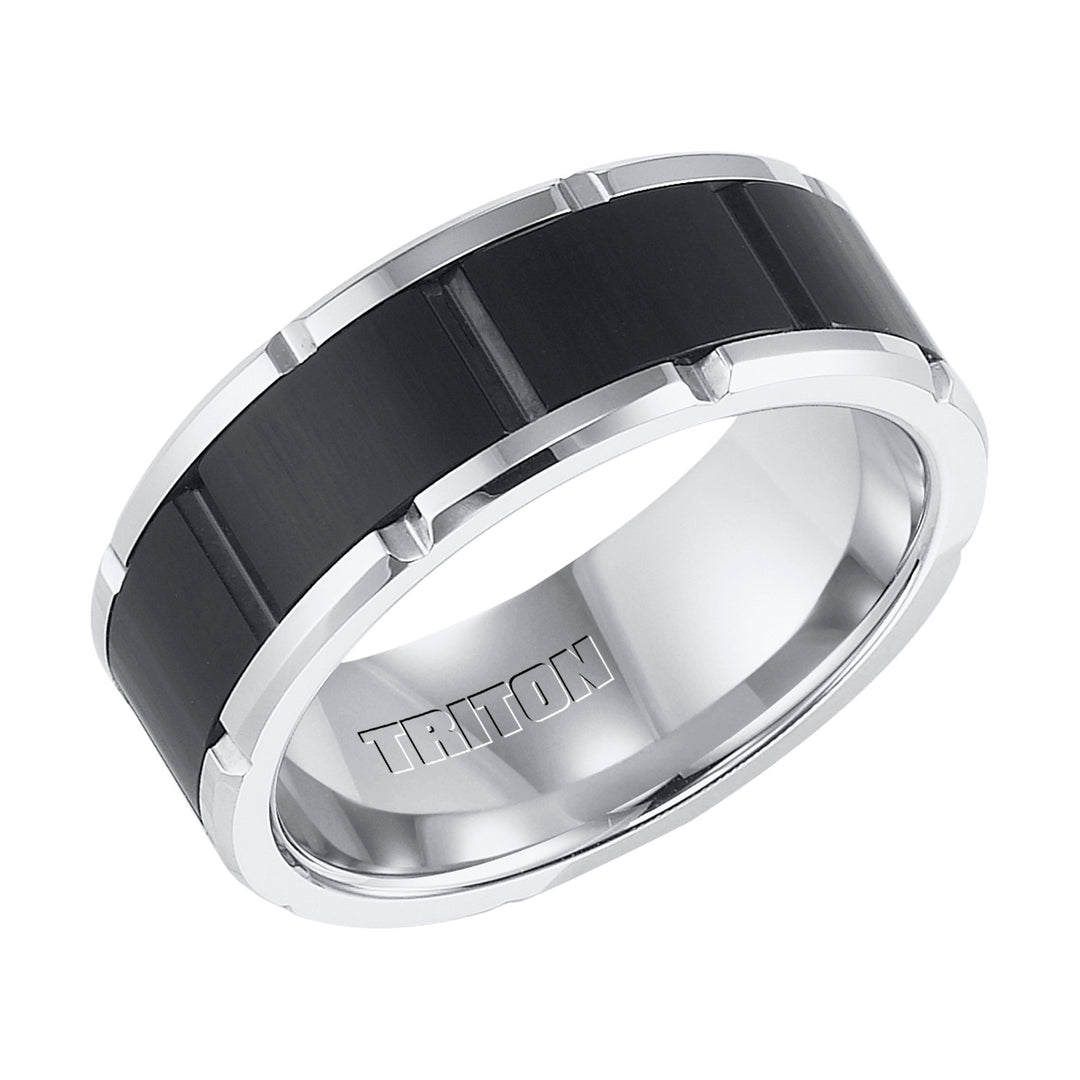 Black and White Tungsten Carbide Comfort Fit Band with Brick Engraving