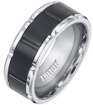 Black and White Tungsten Carbide Comfort Fit Band with Brick Engraving