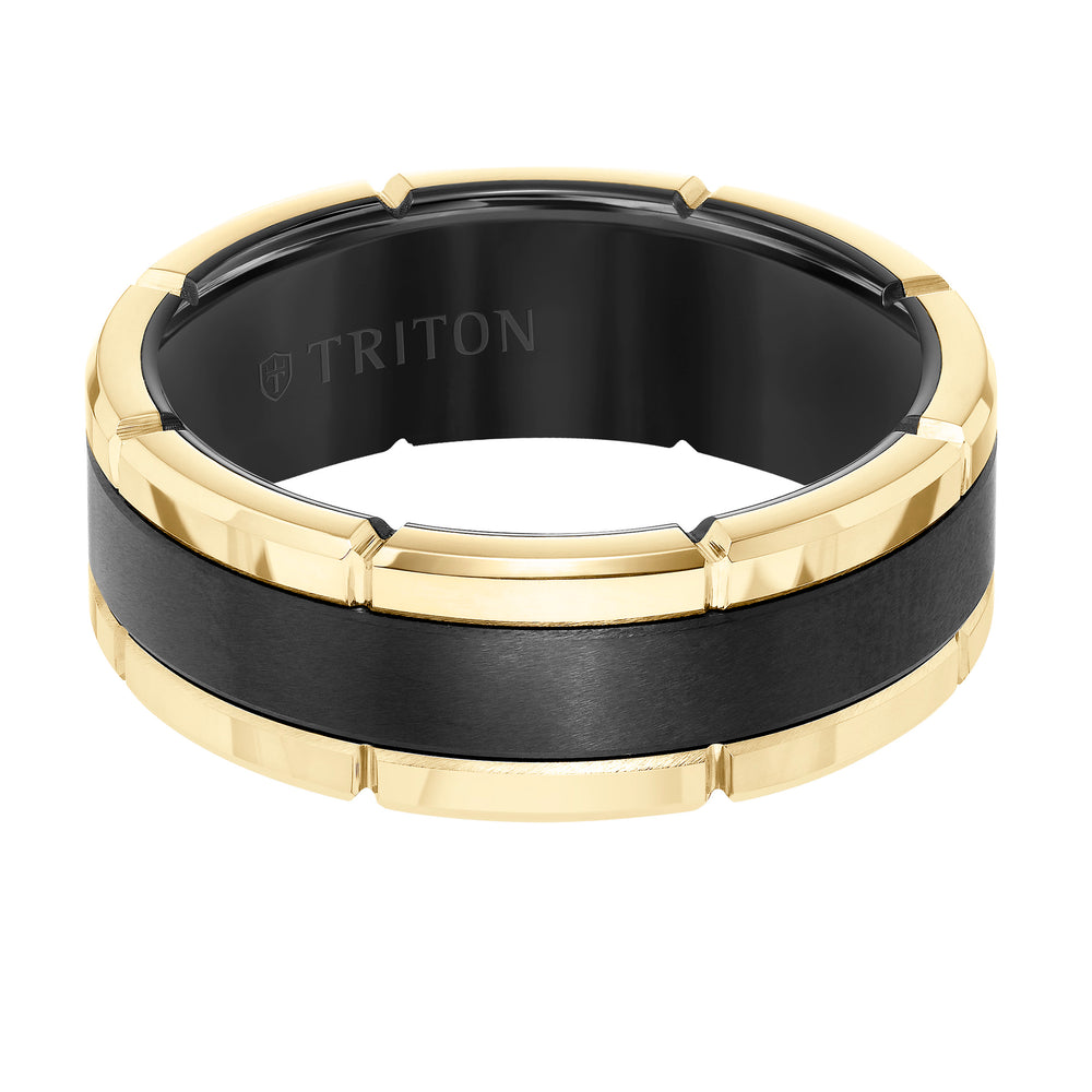 8MM Black Tungsten Carbide Flat Comfort Fit Band W/Brush Center &Rose Rims