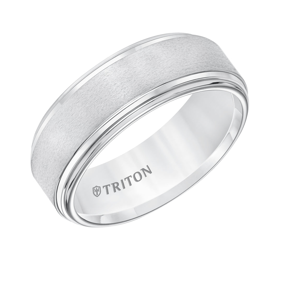 8mm White Tungsten Band W/ A Double Stepped Edge & Satin Center W/Bright Edges