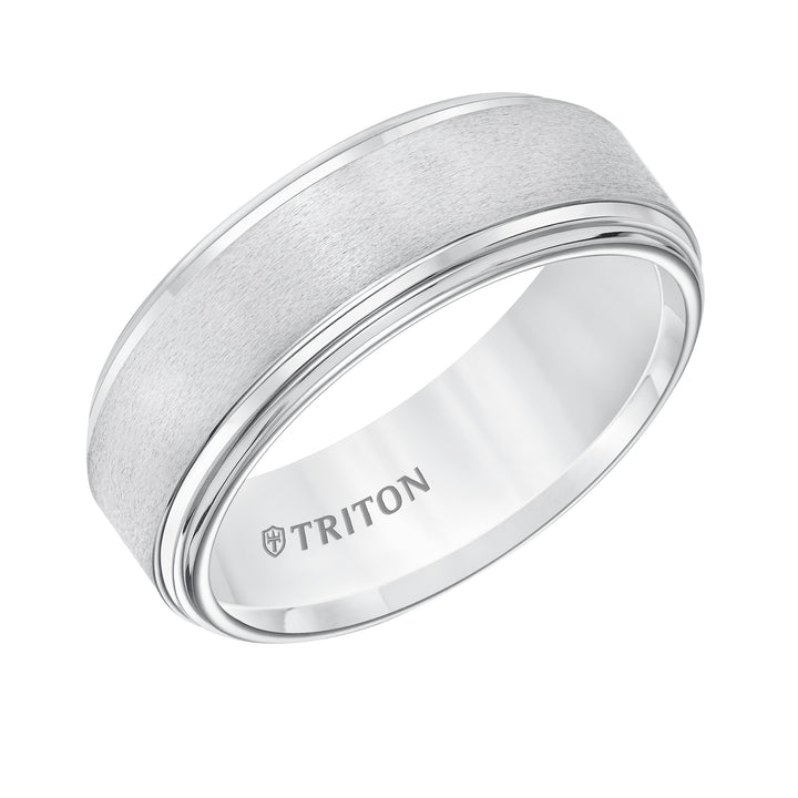 8mm White Tungsten Band W/ A Double Stepped Edge & Satin Center W/Bright Edges