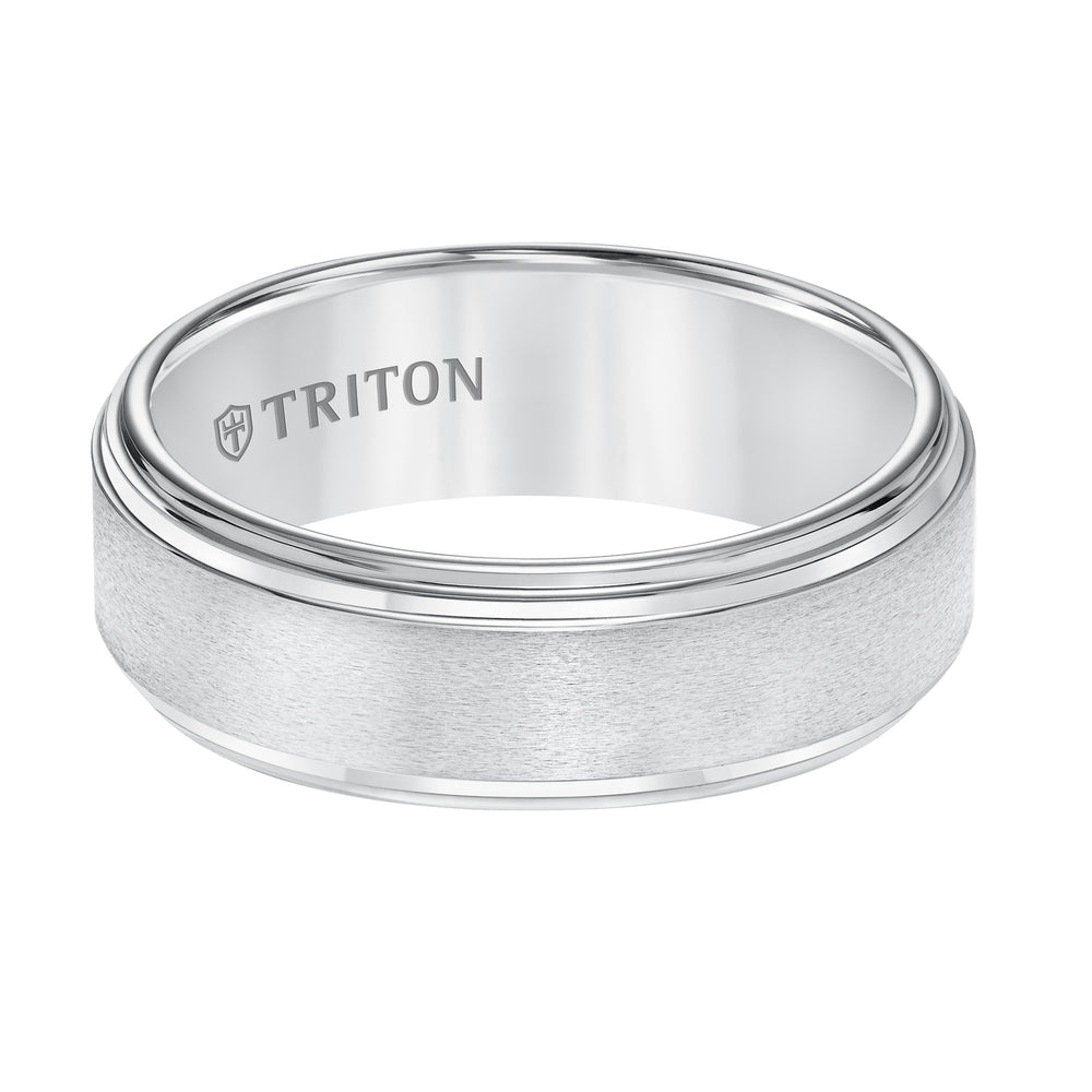 8mm White Tungsten Band W/ A Double Stepped Edge & Satin Center W/Bright Edges