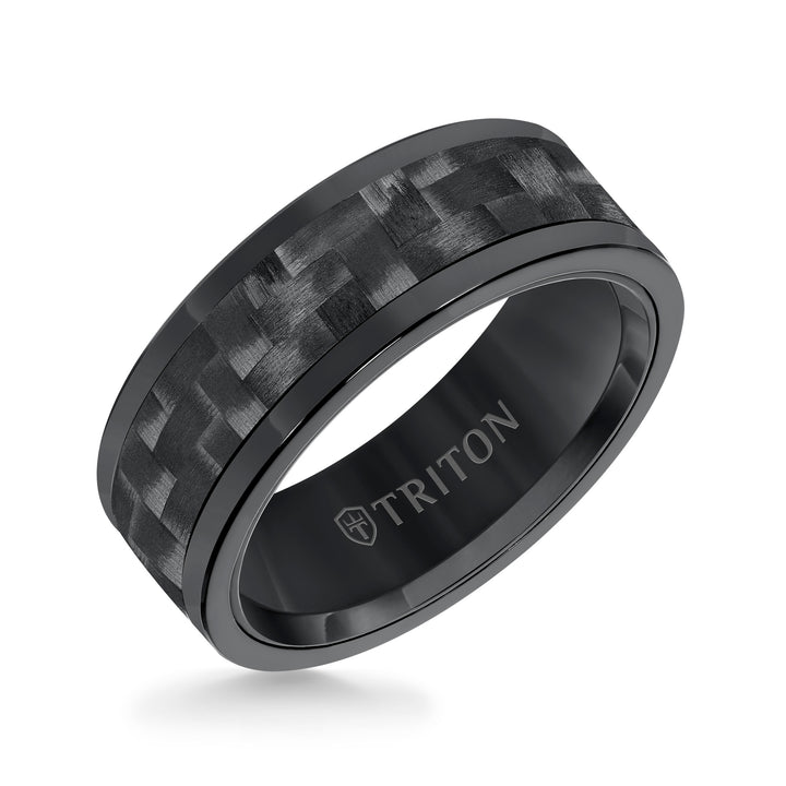 8MM Comfort Fit Black Tungsten Carbide with Black 3K Carbon Fiber Insert Center & Bright Rims