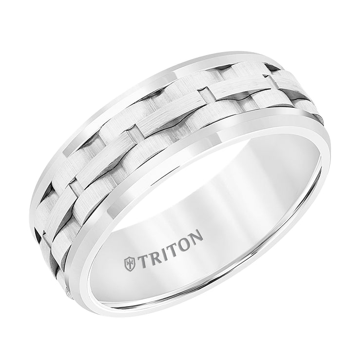 8MM White Tungsten Carbide Band with Link Design Center and Bright Rims