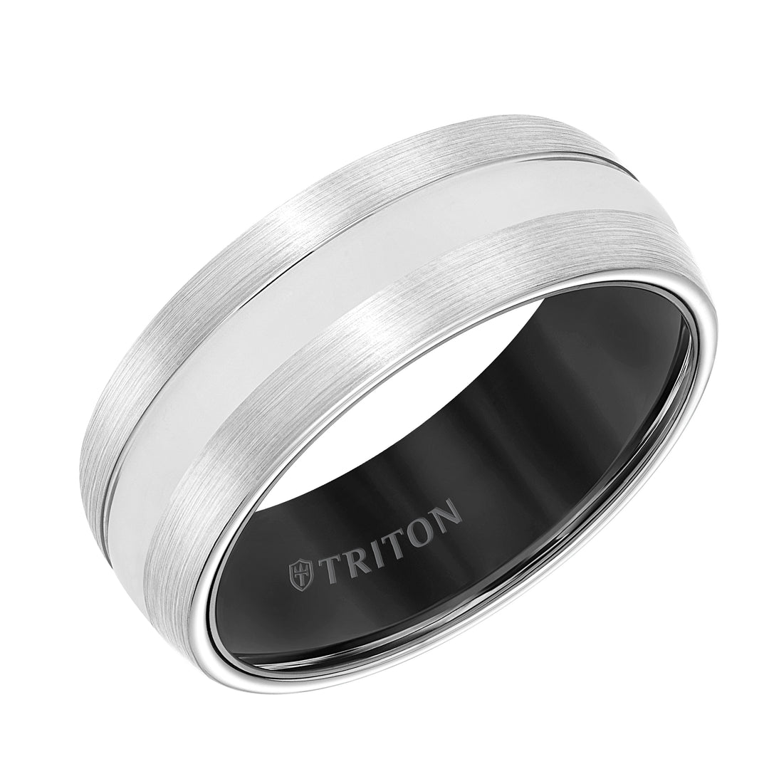 11-5943MCB8-G.00 - Goldman - 8MM White Tungsten Carbide Band with Black Interior, Satin Finish and Bright Center