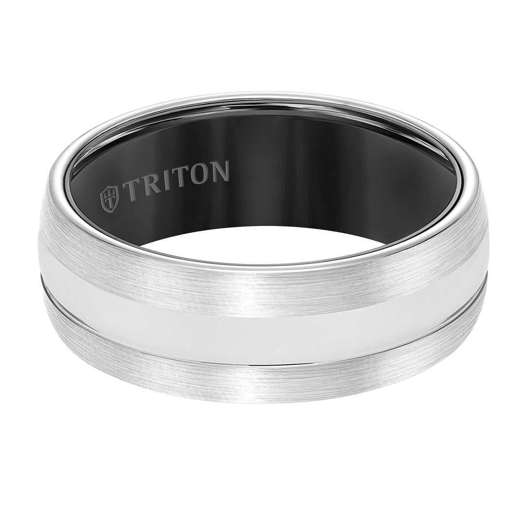 8MM White Tungsten Carbide Band with Black Interior, Satin Finish and Bright Center