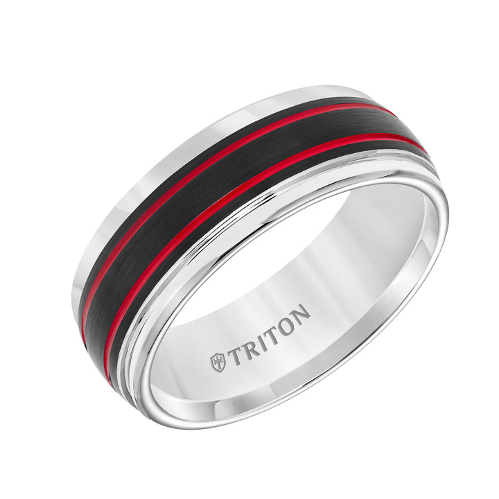 Tungsten Carbide Comfort Fit Mens White Band with Black Matte Center with Fire Red Stripes and Bright Round Rims