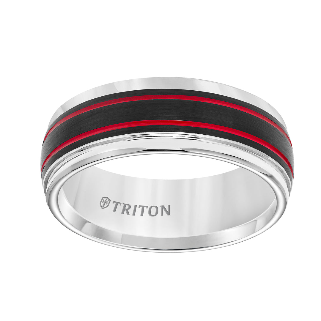 Tungsten Carbide Comfort Fit Mens White Band with Black Matte Center with Fire Red Stripes and Bright Round Rims