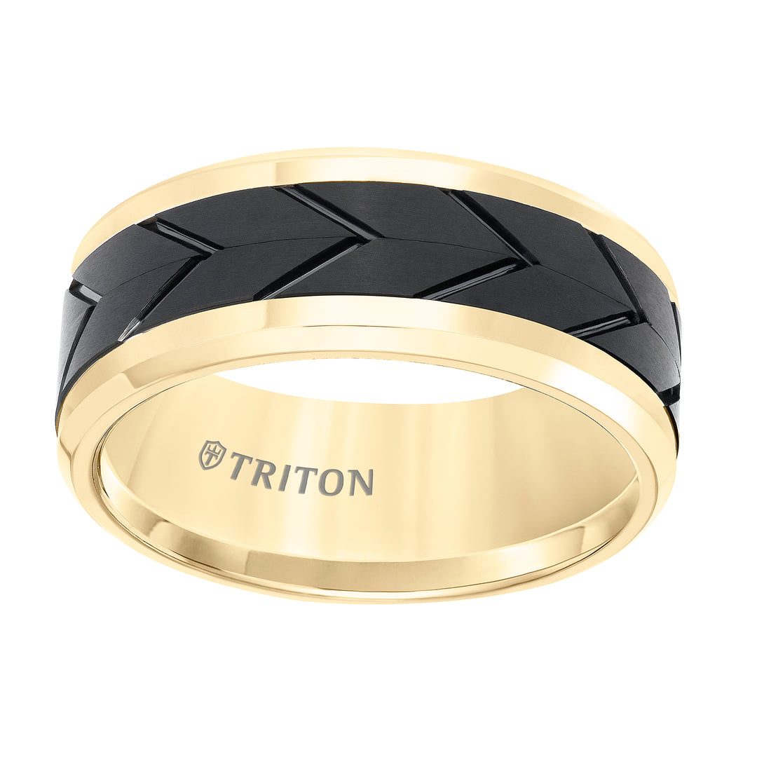 Tungsten Carbide Comfort Fit Two Tone Mens Band with Black Flat Matte Tread Design Center and Yellow Beveled Rims