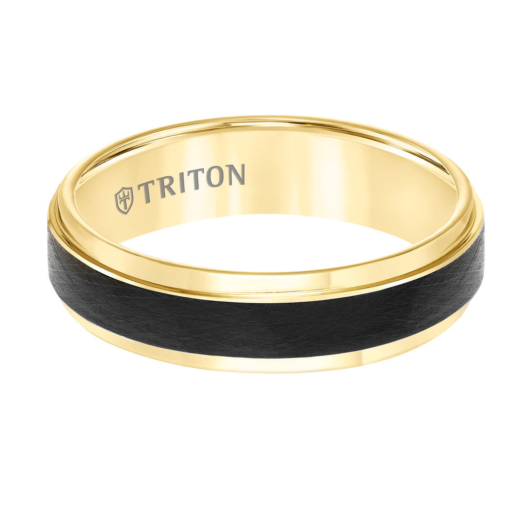 Tungsten Carbide Comfort Fit Two Tone Mens Band with Black Crystalline Finish Center and Yellow Step Edge